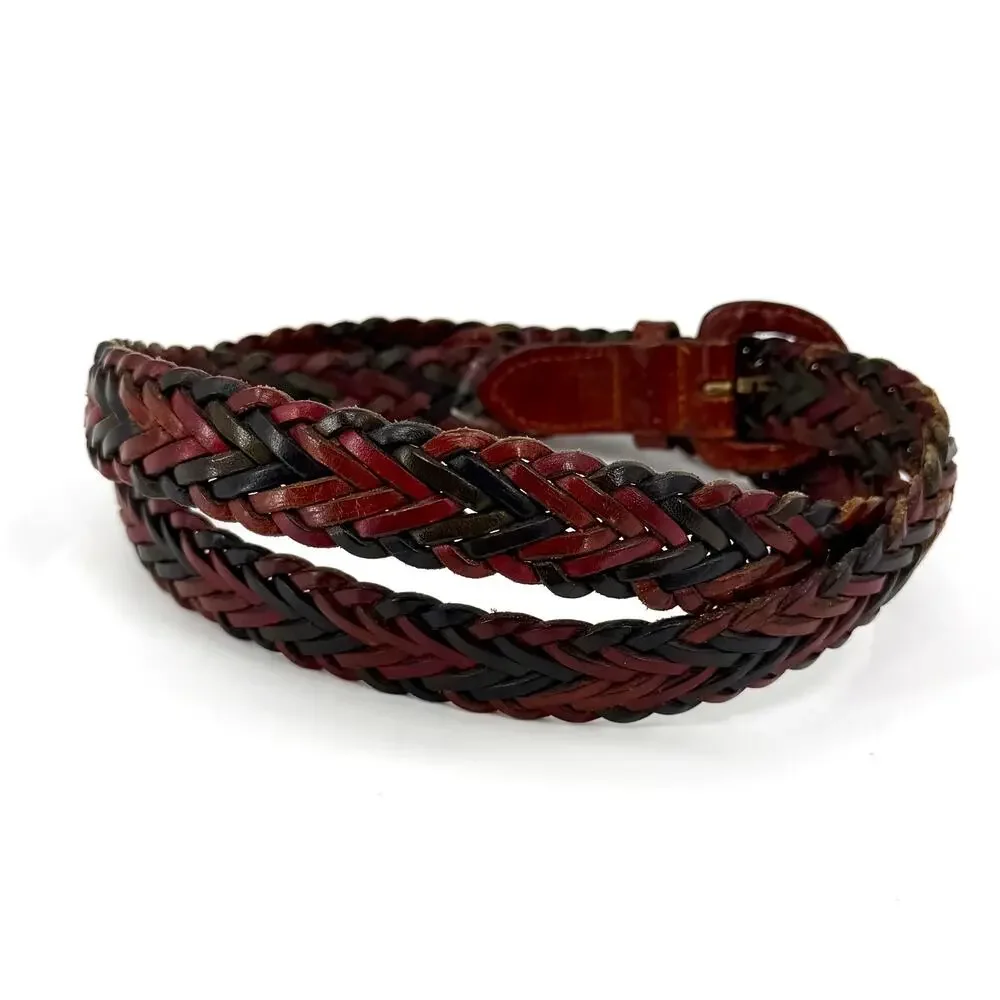 Vintage 90s Braided Red Black Green Genuine Italian Leather Belt